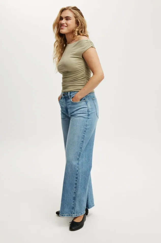 Cotton On Tops Staple Rib Rouched Short Sleeve Top Desert Sage 8211 Women