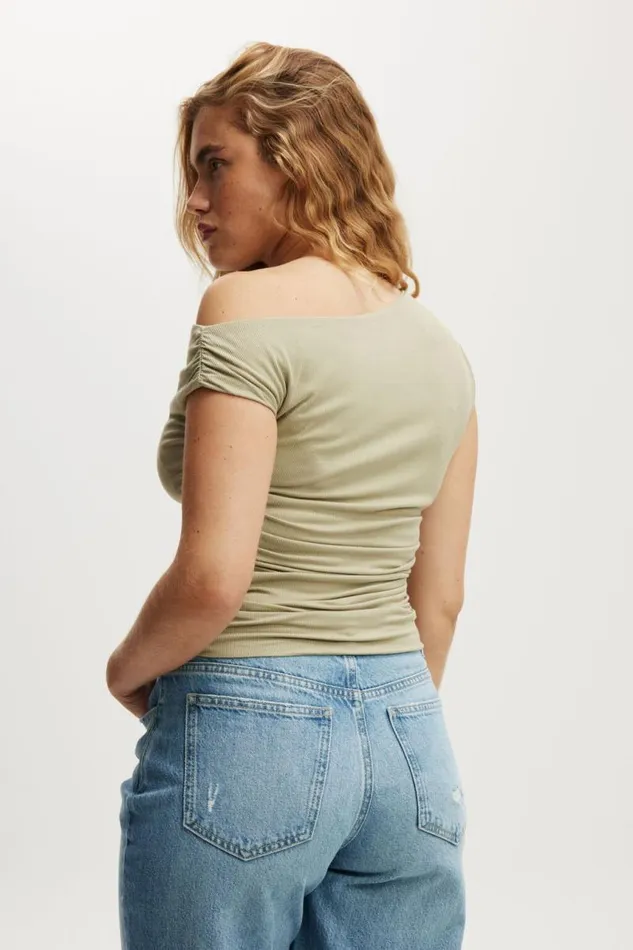 Cotton On Tops Staple Rib Rouched Short Sleeve Top Desert Sage 8211 Women