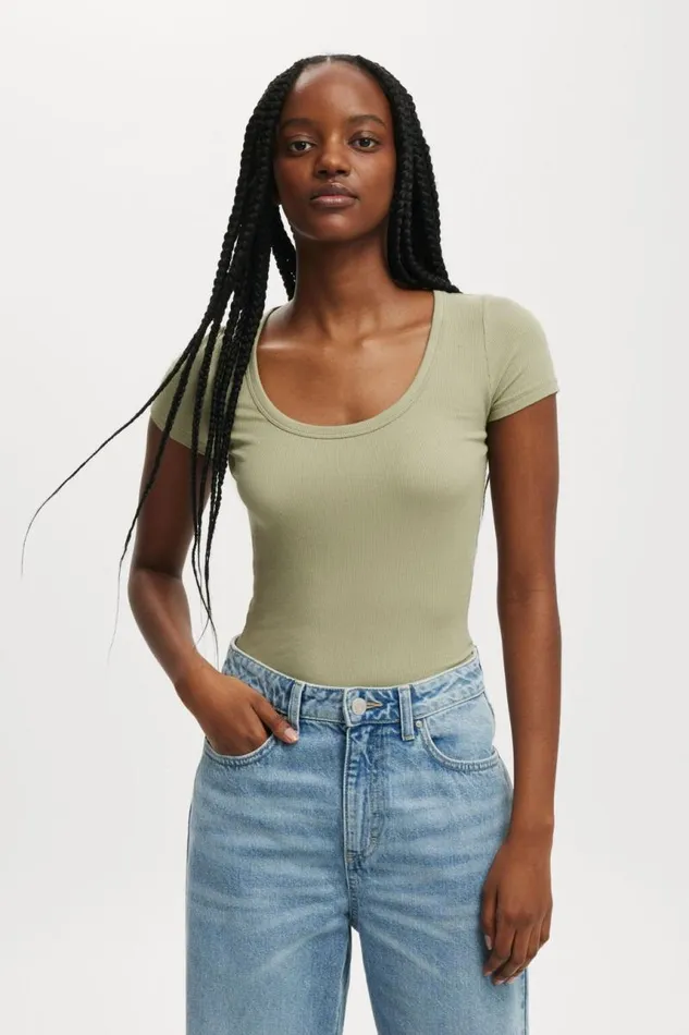Cotton On Tops Staple Rib Scoop Neck Short Sleeve Top Artichoke 8211 Women