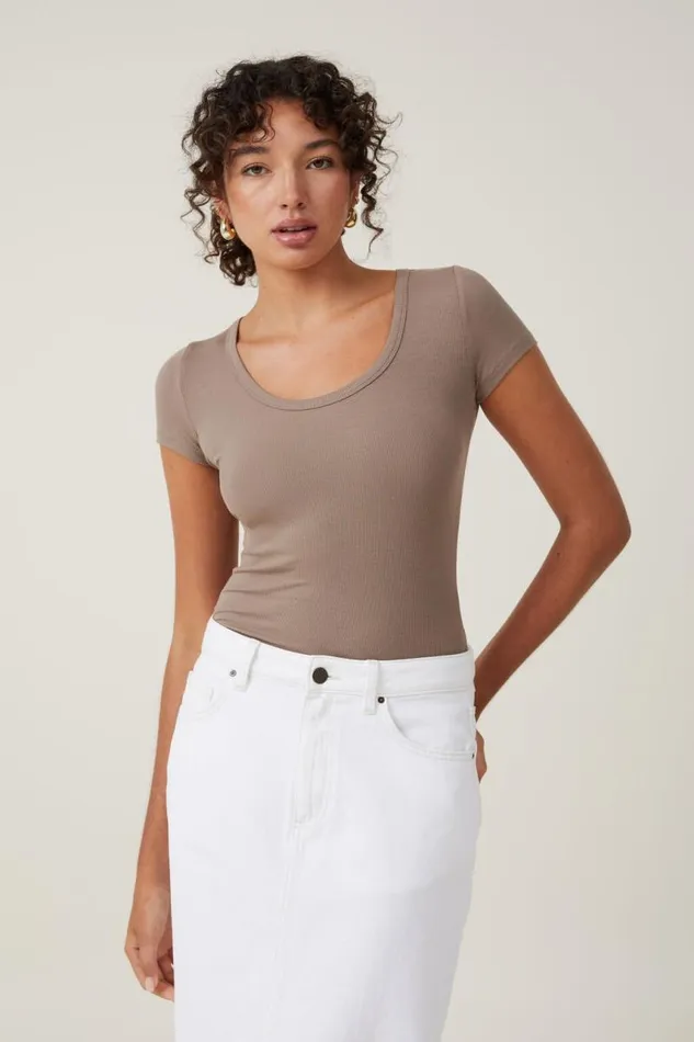 Cotton On Tops Staple Rib Scoop Neck Short Sleeve Top Rich Taupe Ii 8211 Women