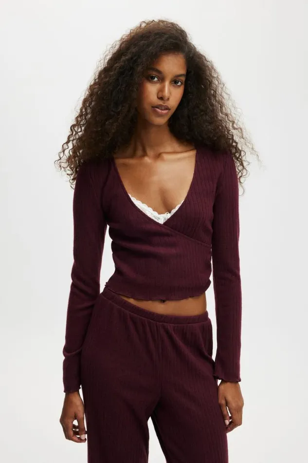 Cotton On Tops Super Soft Ribbed Wrap Top Dark Oak 8211 Women