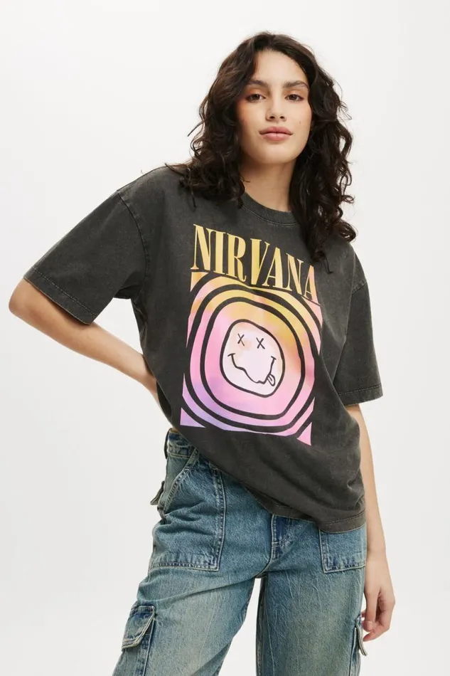 Cotton On Tops The Lcn Boxy Graphic Tee Lcn Mt Nirvana Facewashed Black 8211 Women