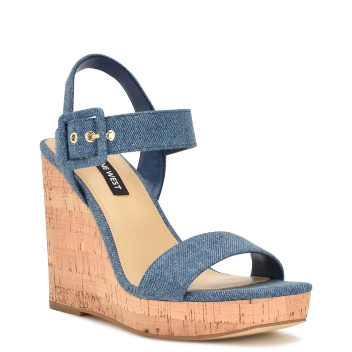 Courts Wedge Sandals Blue Denim Women Nine West High Heels Courts Wedge Sandals Blue Denim Women Nine West High Heels