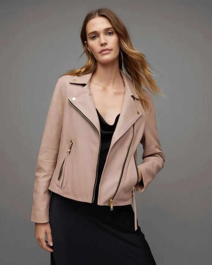 Dalby Slim Fit Leather Biker Jacket Earth Pink Women AllSaints Jackets and Coats