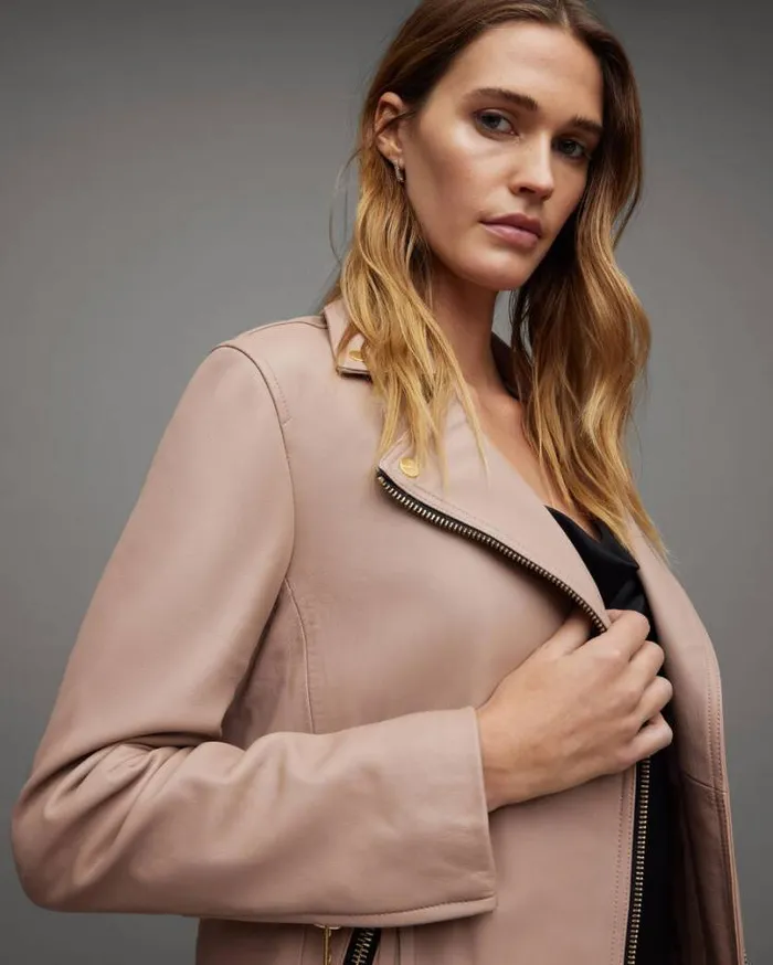 Dalby Slim Fit Leather Biker Jacket Earth Pink Women AllSaints Jackets and Coats