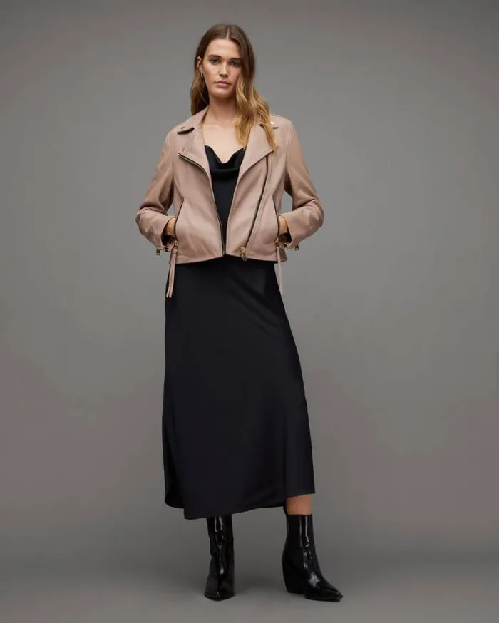 Dalby Slim Fit Leather Biker Jacket Earth Pink Women AllSaints Jackets and Coats