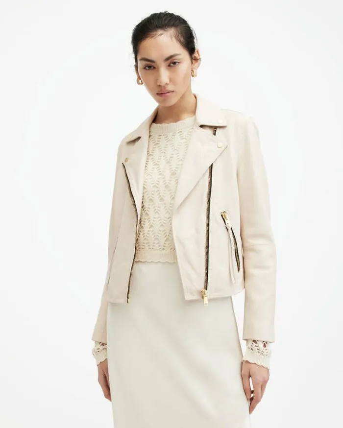 Dalby Slim Fit Leather Biker Jacket Ivory White Women AllSaints Jackets and Coats