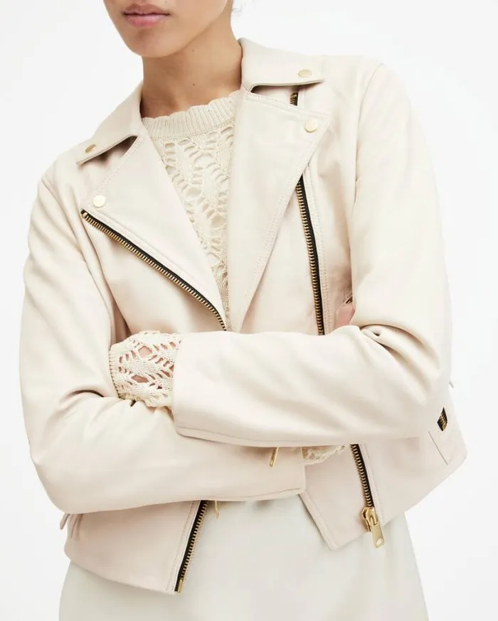 Dalby Slim Fit Leather Biker Jacket Ivory White Women AllSaints Jackets and Coats