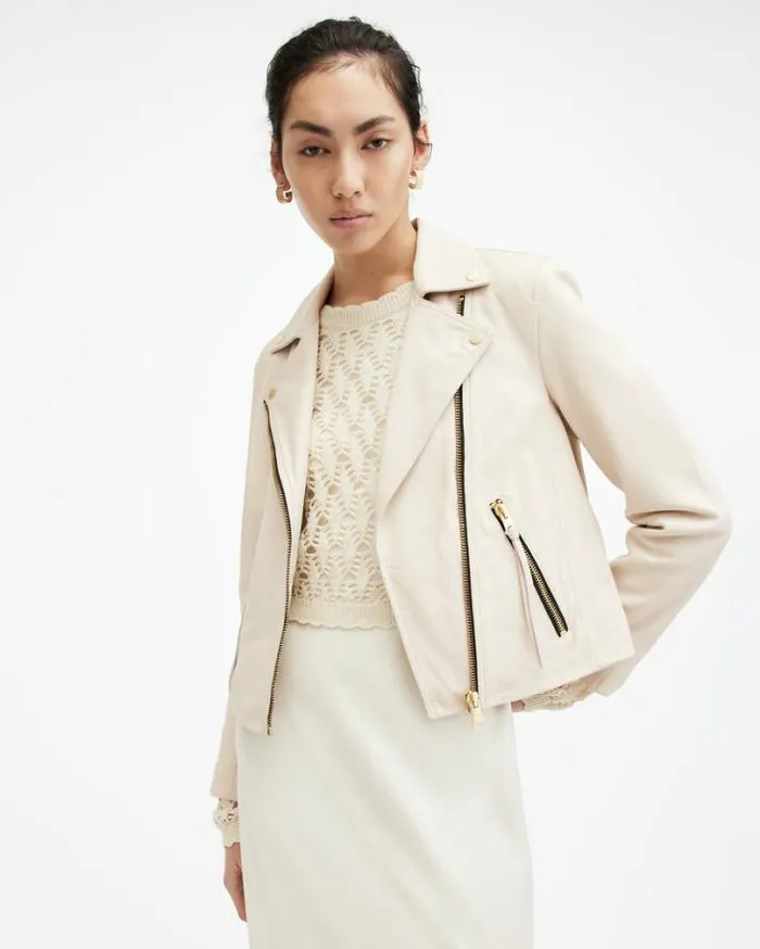 Dalby Slim Fit Leather Biker Jacket Ivory White Women AllSaints Jackets and Coats