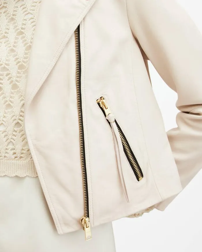 Dalby Slim Fit Leather Biker Jacket Ivory White Women AllSaints Jackets and Coats