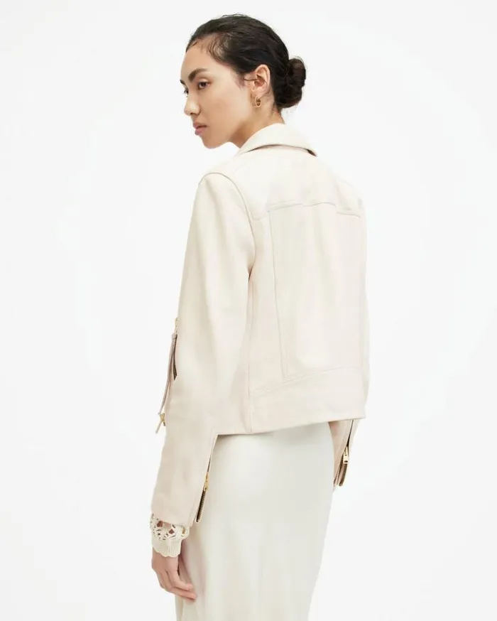 Dalby Slim Fit Leather Biker Jacket Ivory White Women AllSaints Jackets and Coats