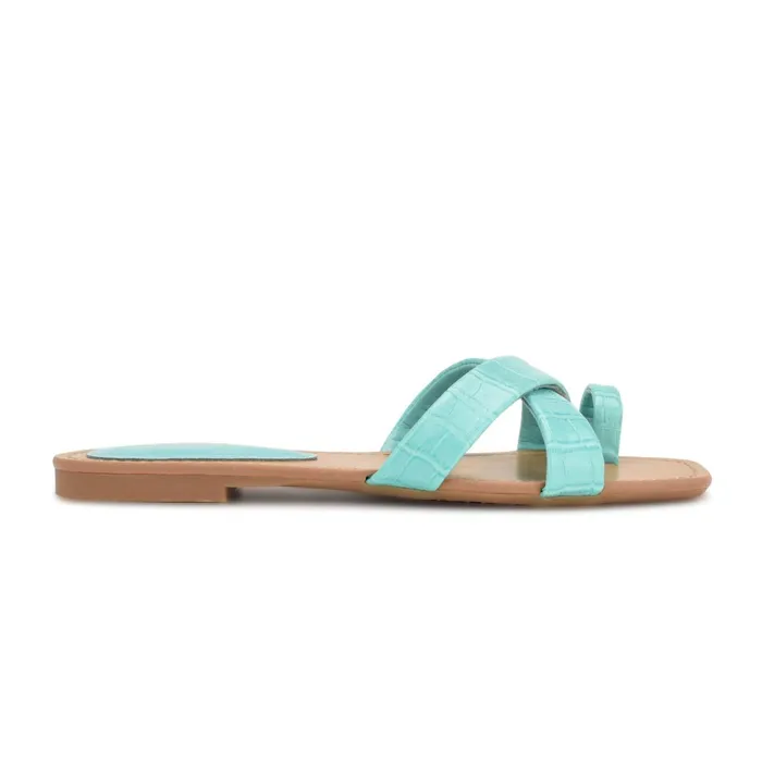 Dotty Flat Slide Sandals Aqua Blue Embossed Croco Women Nine West Flats