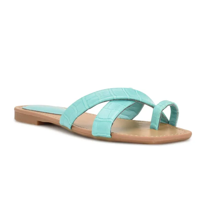 Dotty Flat Slide Sandals Aqua Blue Embossed Croco Women Nine West Flats Dotty Flat Slide Sandals Aqua Blue Embossed Croco Women Nine West Flats