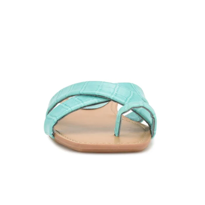 Dotty Flat Slide Sandals Aqua Blue Embossed Croco Women Nine West Flats Dotty Flat Slide Sandals Aqua Blue Embossed Croco Women Nine West Flats