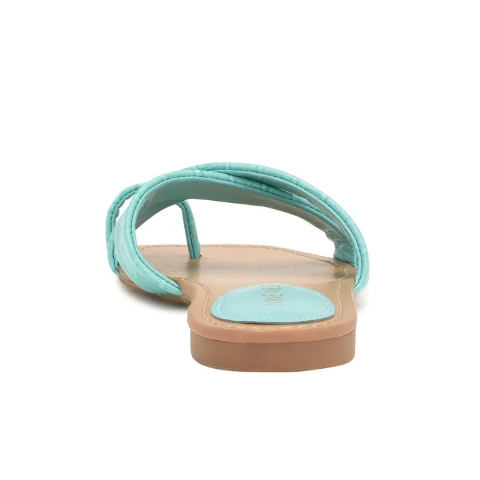 Dotty Flat Slide Sandals Aqua Blue Embossed Croco Women Nine West Flats Dotty Flat Slide Sandals Aqua Blue Embossed Croco Women Nine West Flats