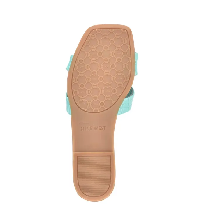 Dotty Flat Slide Sandals Aqua Blue Embossed Croco Women Nine West Flats Dotty Flat Slide Sandals Aqua Blue Embossed Croco Women Nine West Flats
