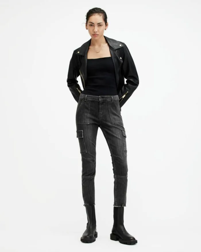 Duran MidRise Skinny Cargo Denim Jeans Washed Black Women AllSaints Jeans