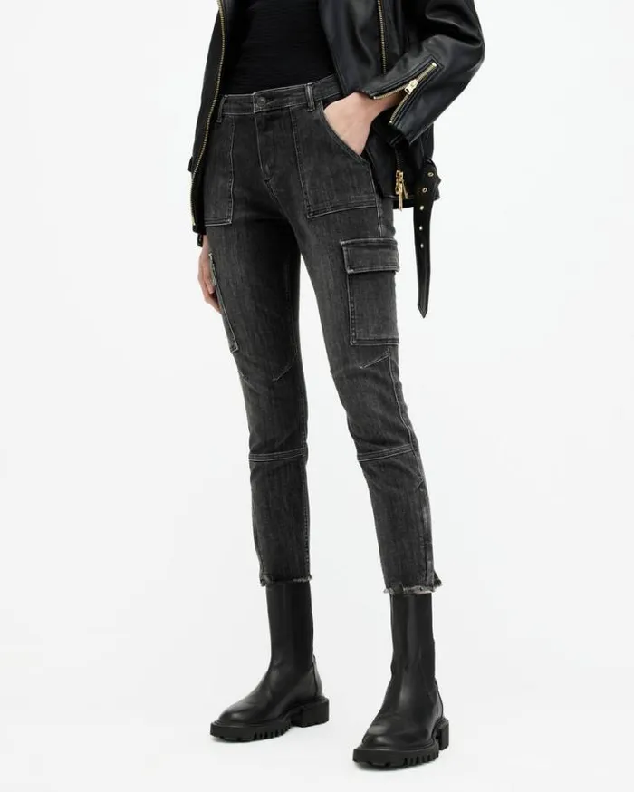 Duran MidRise Skinny Cargo Denim Jeans Washed Black Women AllSaints Jeans