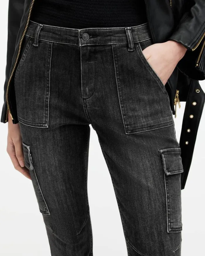 Duran MidRise Skinny Cargo Denim Jeans Washed Black Women AllSaints Jeans