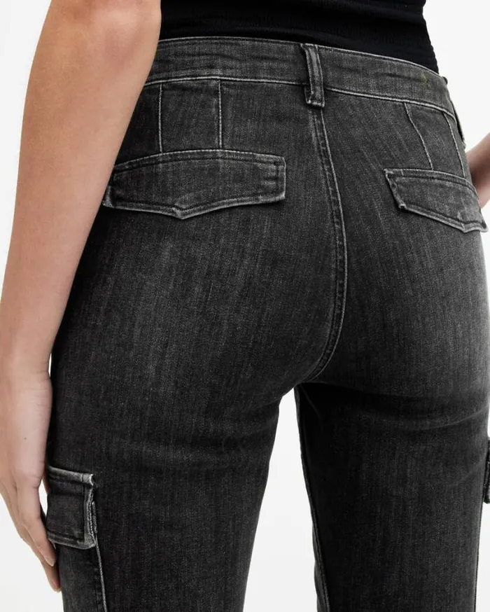Duran MidRise Skinny Cargo Denim Jeans Washed Black Women AllSaints Jeans