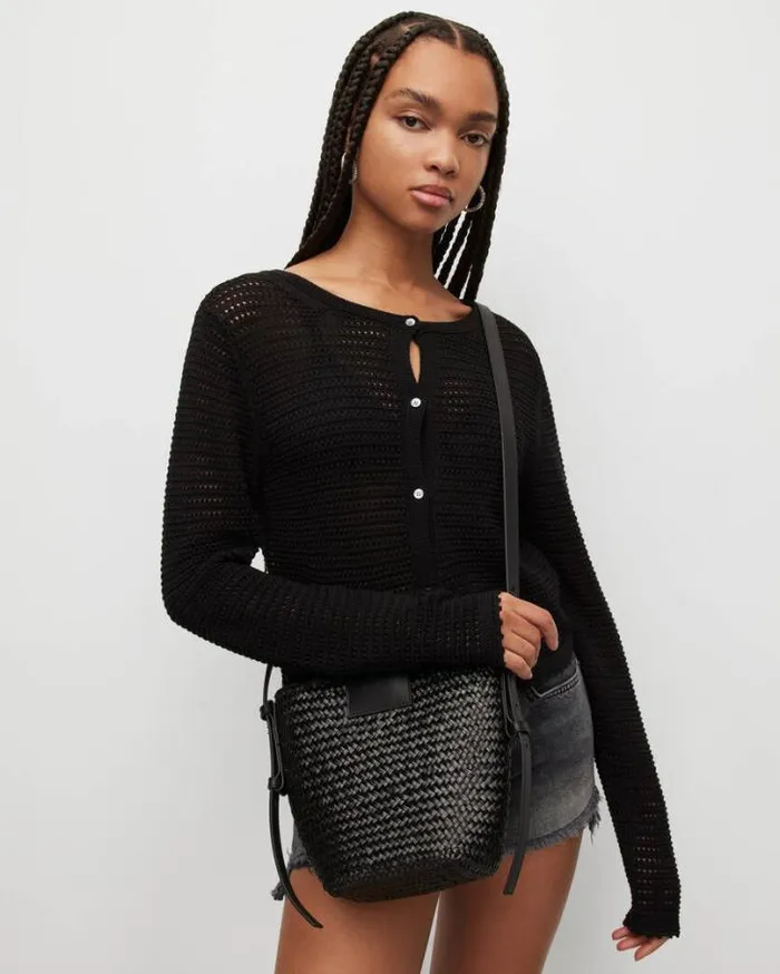 Ebro Straw Crossbody Bag Black Women AllSaints Swimwear and Beachwear