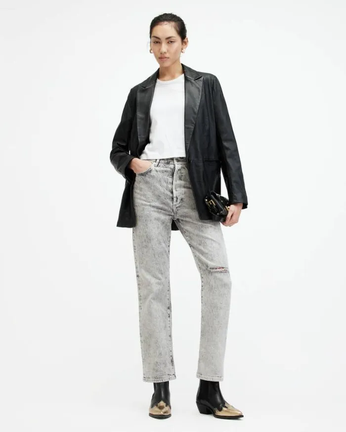 Edie High Rise Straight Denim Jeans Snow Grey Women AllSaints Jeans
