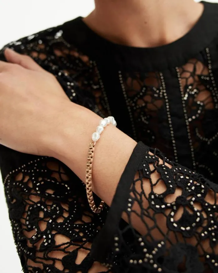 Edie Pearl Bead Box Chain Bracelet Warm Brass Women AllSaints Jewelry