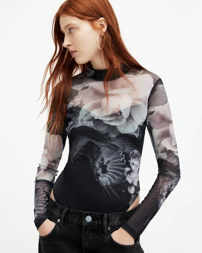 Elia Mesh Valley Print Bodysuit Black Mono Women AllSaints Tops and Shirts
