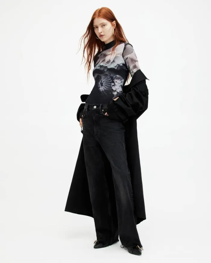 Elia Mesh Valley Print Bodysuit Black Mono Women AllSaints Tops and Shirts