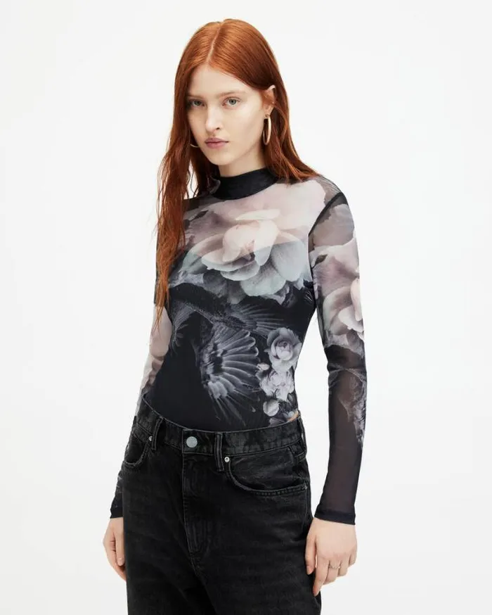 Elia Mesh Valley Print Bodysuit Black Mono Women AllSaints Tops and Shirts