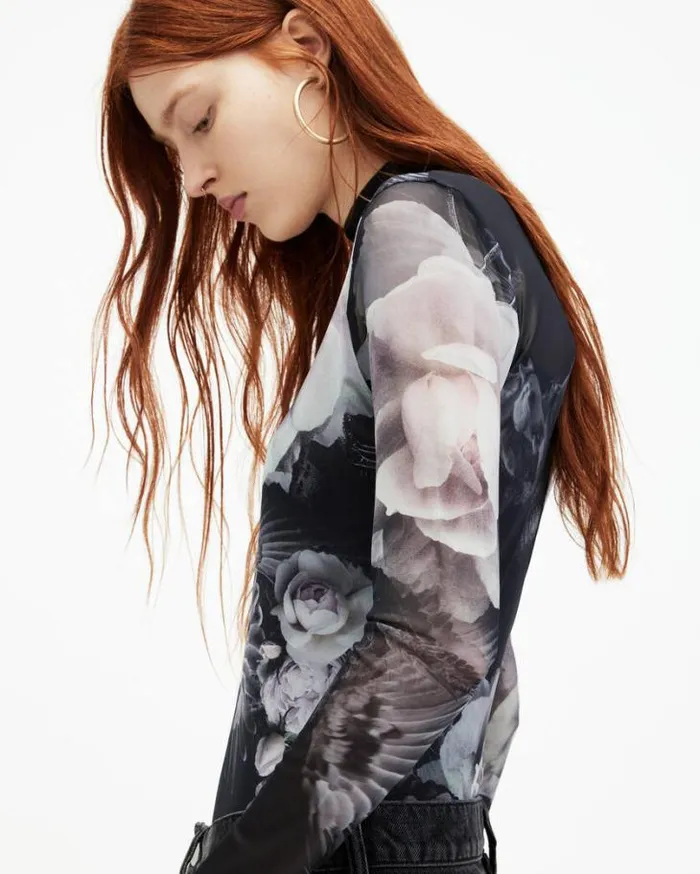 Elia Mesh Valley Print Bodysuit Black Mono Women AllSaints Tops and Shirts