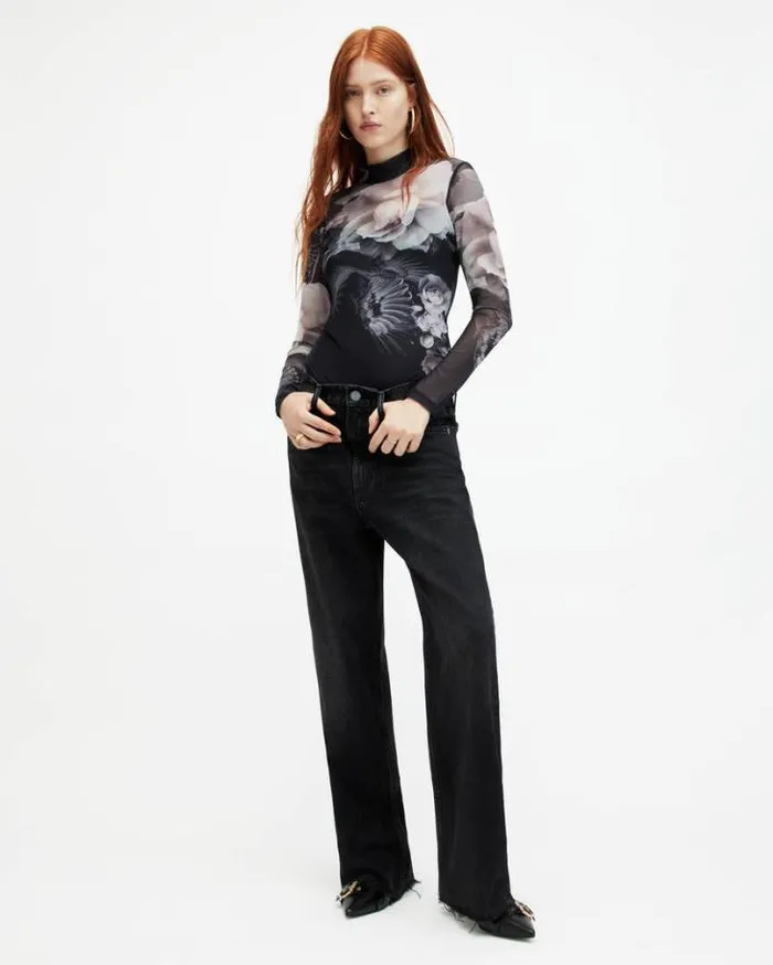 Elia Mesh Valley Print Bodysuit Black Mono Women AllSaints Tops and Shirts