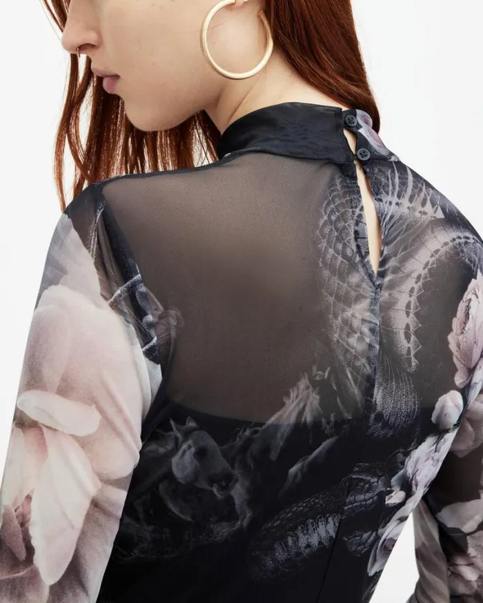 Elia Mesh Valley Print Bodysuit Black Mono Women AllSaints Tops and Shirts