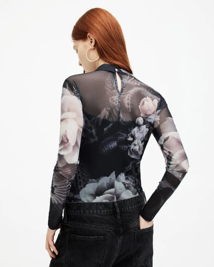 Elia Mesh Valley Print Bodysuit Black Mono Women AllSaints Tops and Shirts