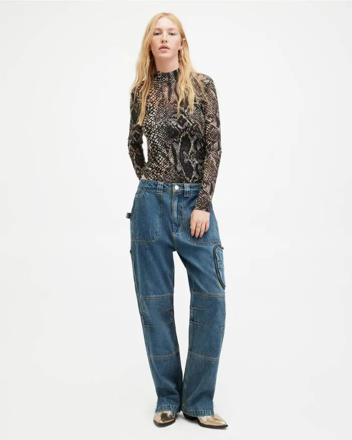 Elia Mesh Waima Snake Print Bodysuit Black Women AllSaints TShirts