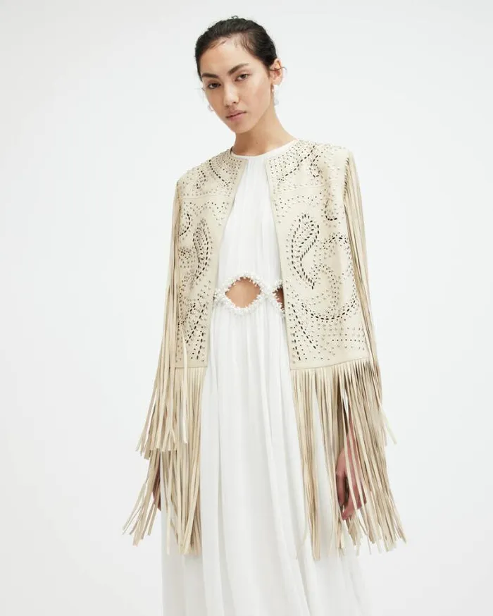 Elias Studded Tassel Leather Gilet Off White Women AllSaints Jackets and Coats