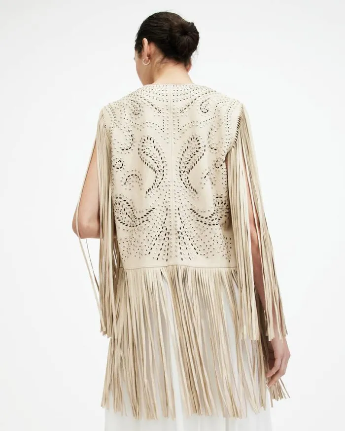 Elias Studded Tassel Leather Gilet Off White Women AllSaints Jackets and Coats Elias Studded Tassel Leather Gilet Off White Women AllSaints Jackets and Coats
