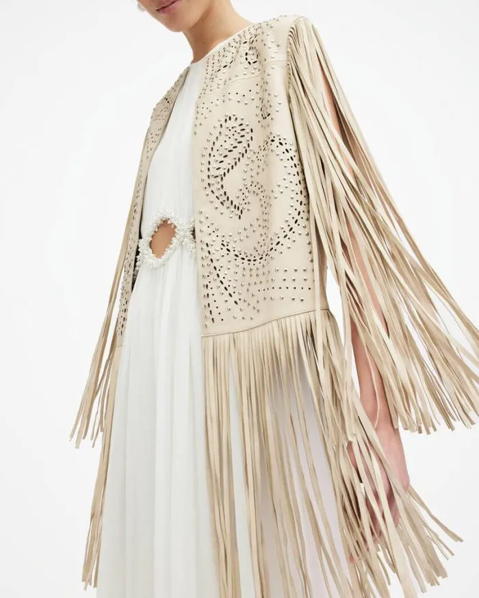 Elias Studded Tassel Leather Gilet Off White Women AllSaints Leather Jackets