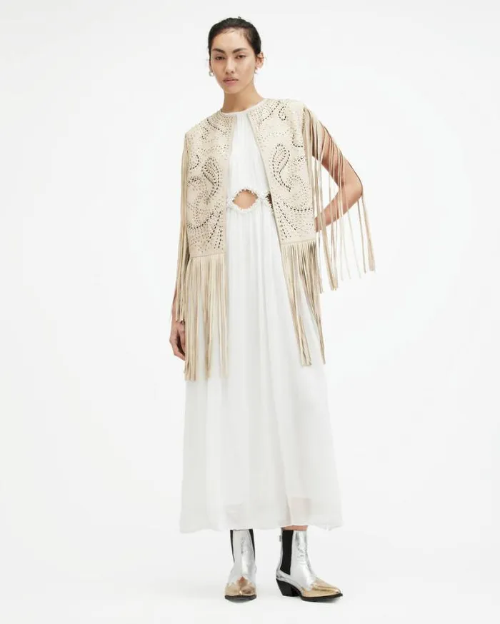 Elias Studded Tassel Leather Gilet Off White Women AllSaints Leather Jackets