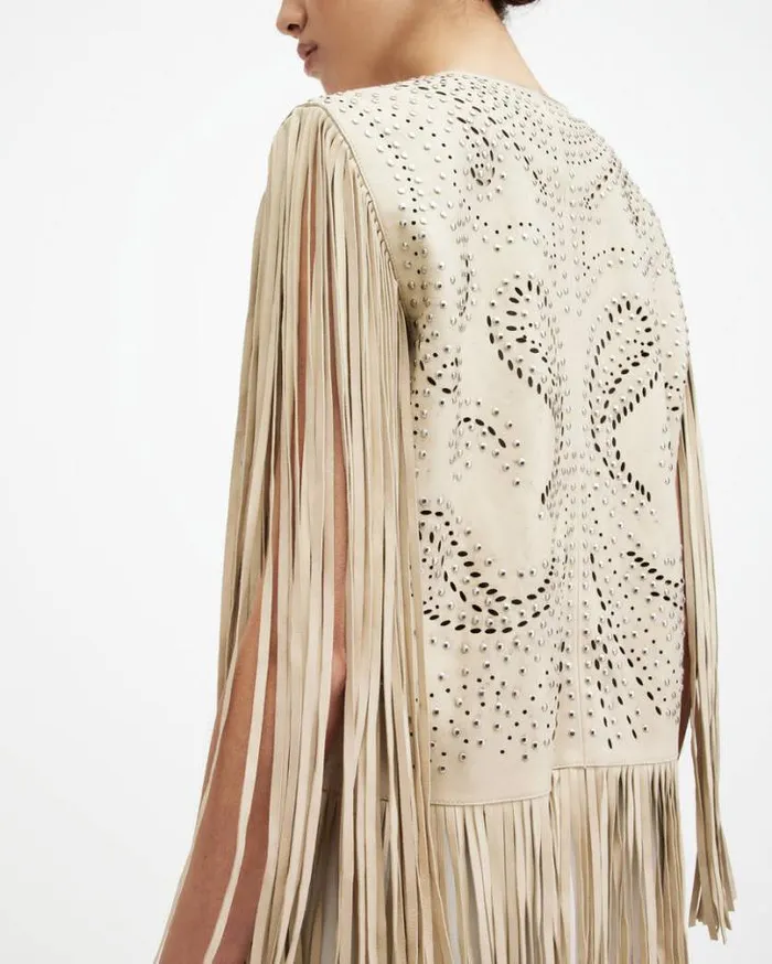 Elias Studded Tassel Leather Gilet Off White Women AllSaints Leather Jackets