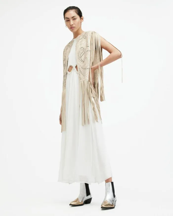 Elias Studded Tassel Leather Gilet Off White Women AllSaints Leather Jackets