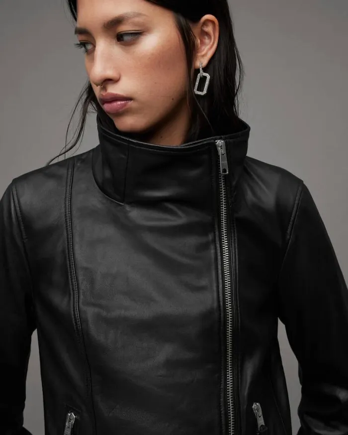 Ellis Funnel Neck Leather Biker Jacket Black Women AllSaints Leather Jackets