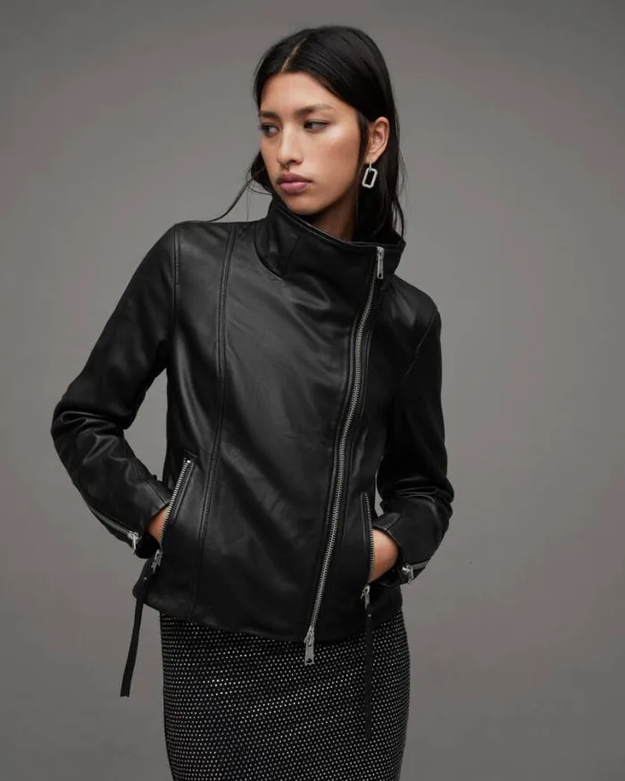 Ellis Funnel Neck Leather Biker Jacket Black Women AllSaints Leather Jackets