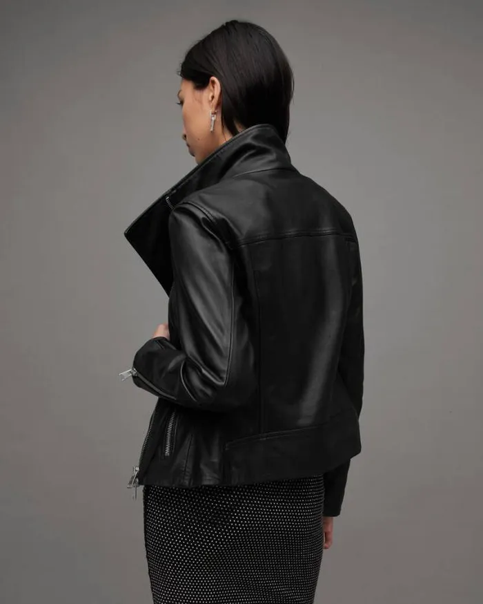 Ellis Funnel Neck Leather Biker Jacket Black Women AllSaints Leather Jackets