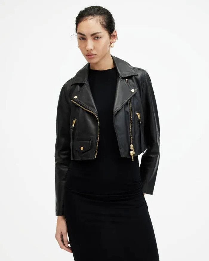Elora Cropped Leather Biker Jacket Black Women AllSaints Jackets and Coats