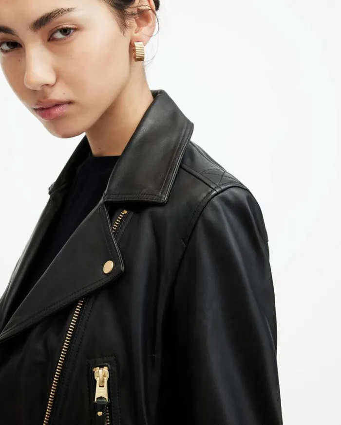 Elora Cropped Leather Biker Jacket Black Women AllSaints Jackets and Coats