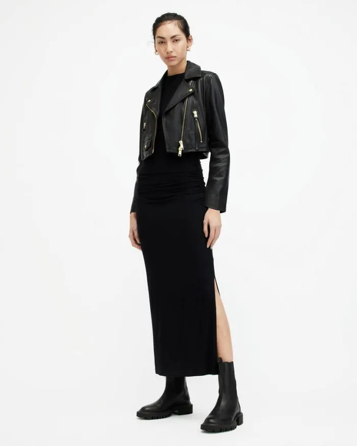 Elora Cropped Leather Biker Jacket Black Women AllSaints Jackets and Coats