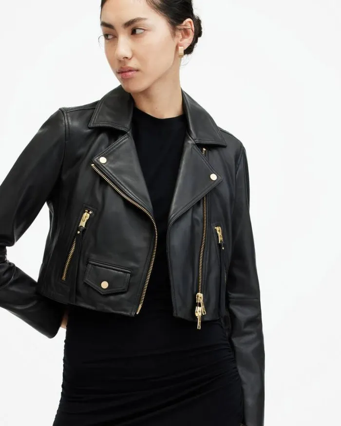 Elora Cropped Leather Biker Jacket Black Women AllSaints Jackets and Coats