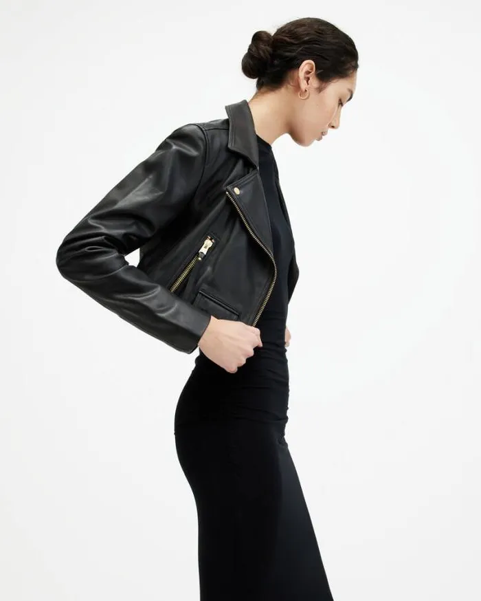 Elora Cropped Leather Biker Jacket Black Women AllSaints Jackets and Coats