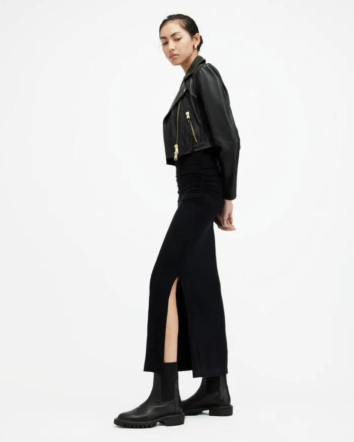 Elora Cropped Leather Biker Jacket Black Women AllSaints Jackets and Coats